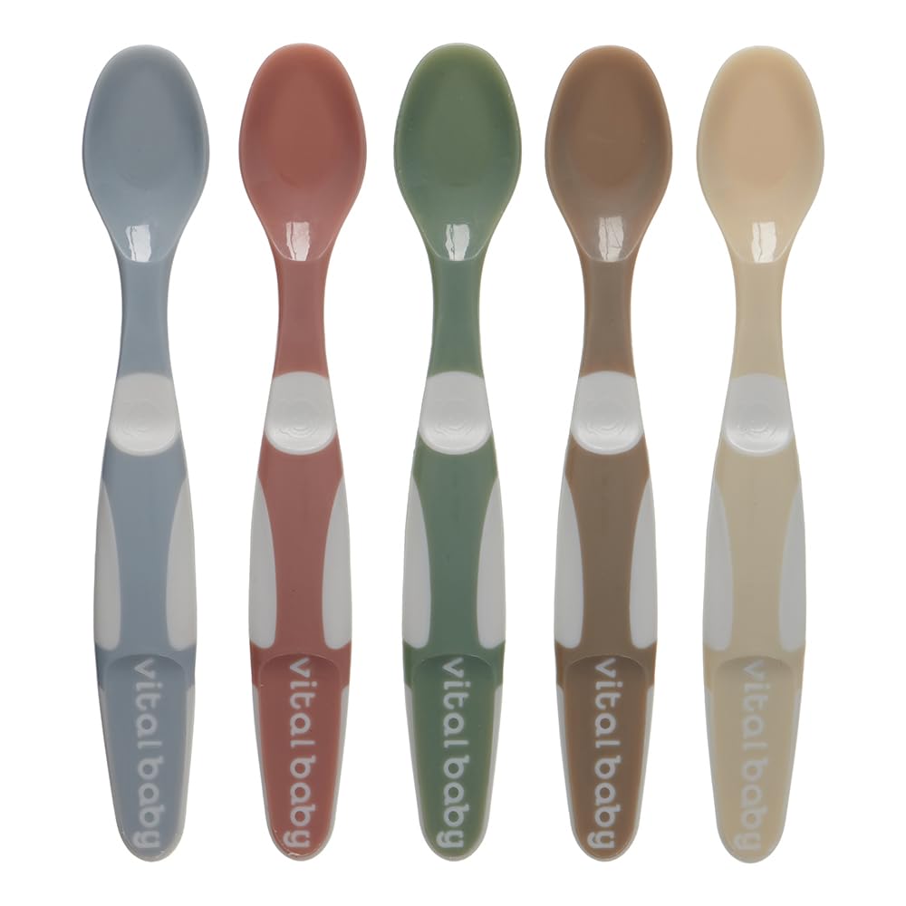 Vital Baby Nourish Baby & Toddler Weaning Spoons 5pk 4m+, Soft, Shallow Spoon Bowls, Easy Grip Handles, EarthSmart Biodegradable, BPA-Free & Gentle on Gums