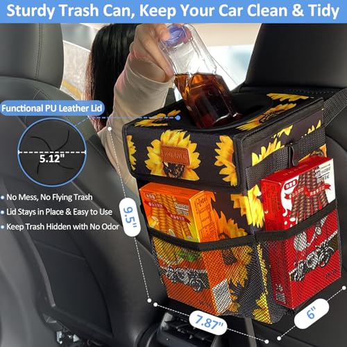 Image of ELONGRIVER Car Trash Can Bin for Back Seat Leak Proof, Cute Car Trash Bag Hanging, Vehicle Trash Can for SUV Truck Van, Automotive Garbage Cans Front Seat Sunflower Floral