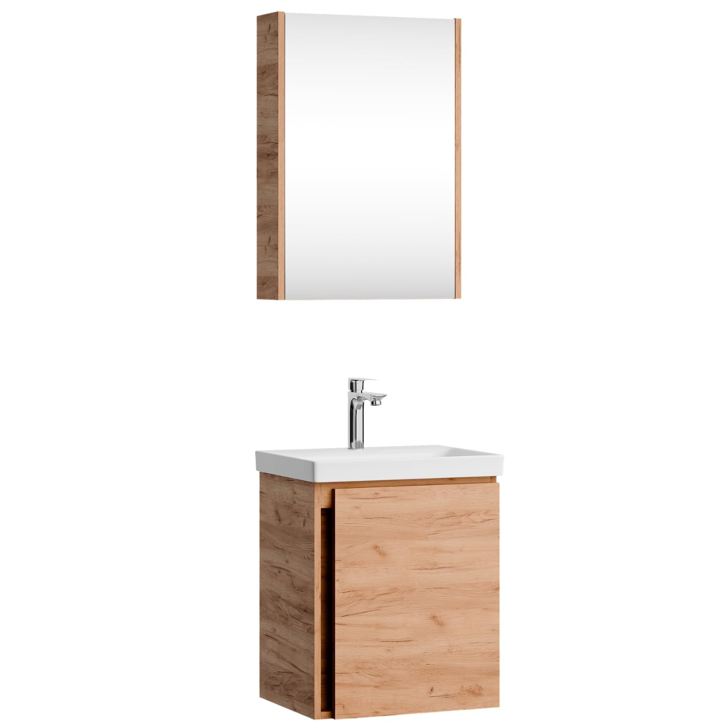 Planetmöbel Waschtisch mit Unterschrank 50 cm inkl. Spiegelschrank 50cm, Badmöbel Set mit Waschbecken, hängend, Gold Eiche