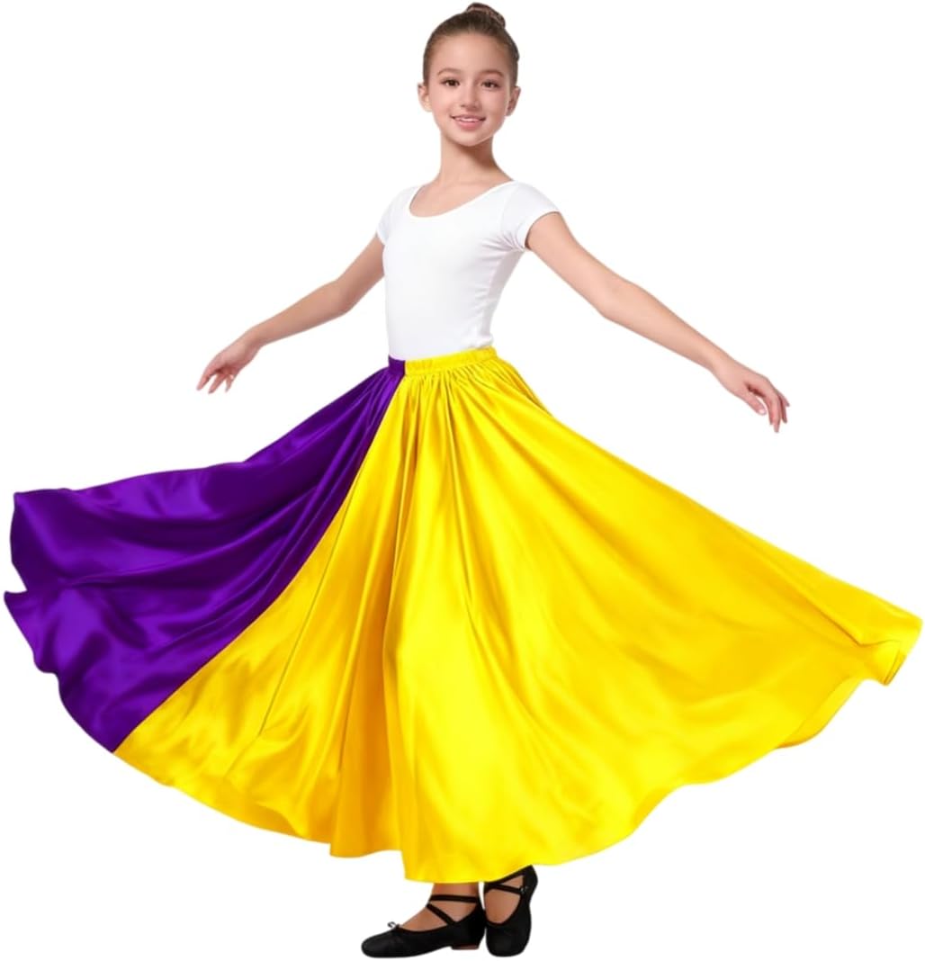 Flowy Swing Girls' Two-Tone Satin Dance Skirt | Ballet, Folkloric, Mexican Flamenco, Performance Class & Recital