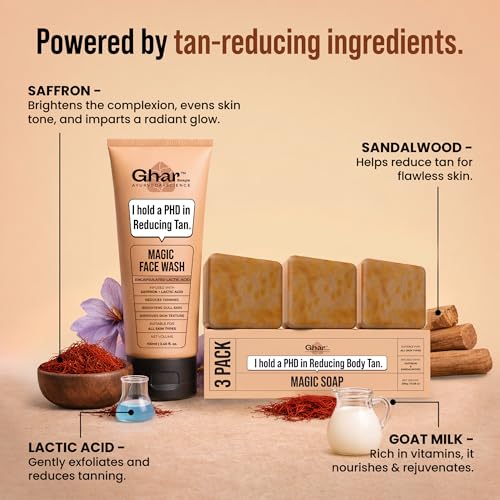 Image of Ghar Soaps Magic De-Tan Face Wash & Sandalwood Saffron Bath Soap Combo Pack of 3 | With Sandalwood, Saffron & Glutathione | Tan Removal, Skin Brightening & Glowing Skin | Handmade & Paraben-Free | For Men & Women