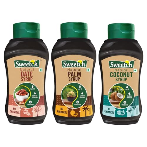 Image of Sweetch Assorted Natural Syrup (Date + Coconut + Palm) 400 gm - Healthy Sugar Replacement, Low GI, No Chemical & Free Flow | For Milk, Cookies, Milkshakes | Sweetener, Pack of 3