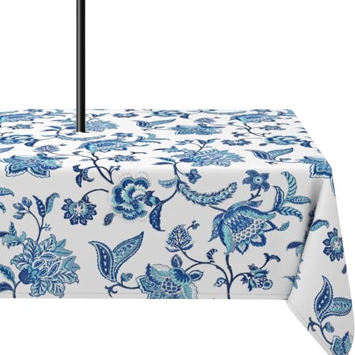 Yighty Outdoor Tablecloth with Umbrella Hole 60x84In Boho Blue Floral Outdoor Zipper Table Cloth Waterproof and Wrinkle Resistant Washable Rectangular Tablecloths for Picnic Party Camping and BBQ