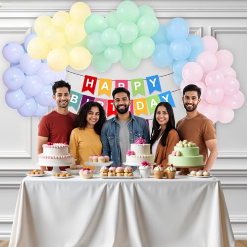 Image of Party Propz Latex, Cardstock Happy Birthday Banner - 115 Pcs Birthday Decoration Kit, Alphabets For Decoration, Customized Banner With Name & Pastel Balloon For Decorations (Multicolor)