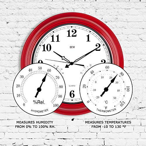 BEW Large Outdoor Clock, Waterproof Wall Clock with Thermometer and Hygrometer Combo, Weather Resistant, Silent Metal Pool Clock for Garden, Patio, Fence, Porch (18-Inch, Empire Red) - Thumbnail 5