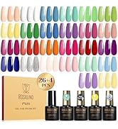 ROSALIND 30pcs Gel Nail Polish Set with Base Gel Top Coat (Glossy Matte and Glitter), 26 Neon Bri...