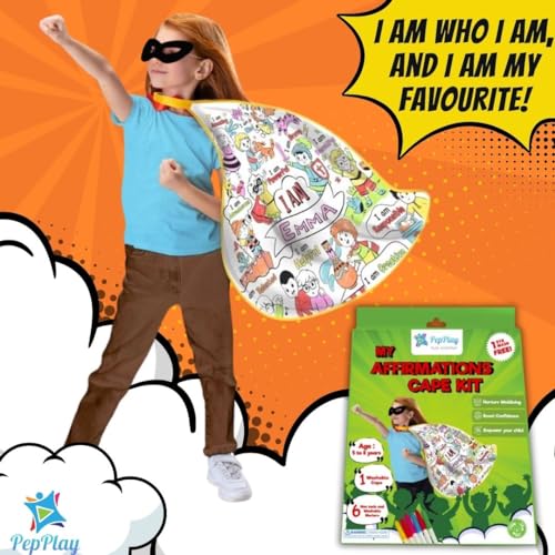 Image of PepPlay Cotton My Affirmation Cape Coloring Kit,With 6 Smudge-Free Washable Markers,Customised Birthday Gift For Kids Ages 5-8,Pretend Play For Boys And Girls,Personalised And Reusable Diy