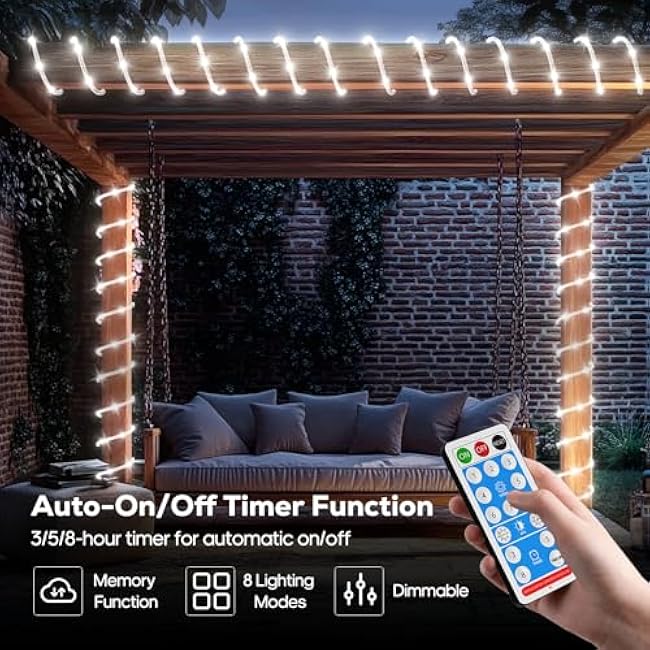 ICRGB Solar Rope Lights, 66FT 200LED 1800mAh Outdoor Waterproof Solar Lights with Remote, IP67 String Light with Timing & 8 Modes for Garden Tree Pathway Yard Pool RV Christmas Decor, White