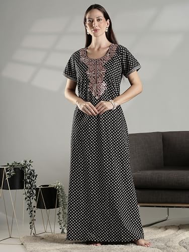 Image of 9shines Label Stylish Pure Cotton Nighty Maxi for Women | Embroidery Neckline Nightgown | A-Line Nightdress with Pocket | Floral Night Gown| Soft Comfortable Cotton Sleepwear (Cotton Yoke)