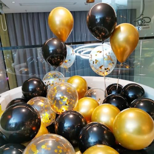 Image of Chrome Balloons, 50 Pcs Gold Metallic, Black, and Confetti Balloons for Birthday, Anniversary, Engagement, Wedding, Baby Shower, Party Decorations (Gold and Black)