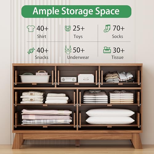 Image of Xixini Fluted Dresser for Bedroom with 7 Drawers, 48 inch Wide Modern Chest of Drawers with Metal Handle, Wood Dresser TV Stand, Wooden Closet Clothes Storage Organizer for Living Room, Hallway, Walnut