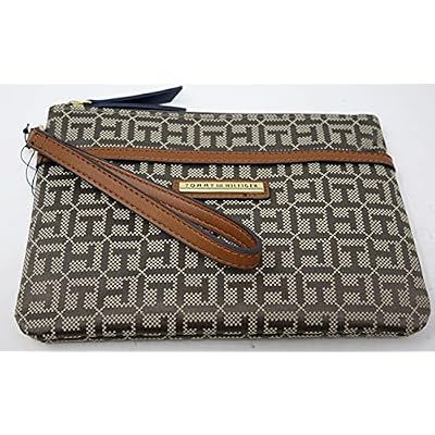 Tommy Hilfiger Women's Beige Brown Logo Printed Large Wristlet Wallet Clutch Bag