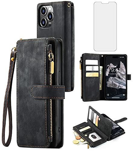 Coque iPhone 15 Pro Max portefeuille en cuir noir avec porte-carte et chaîne