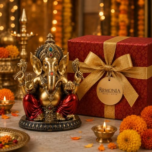Image of ARMONIA Premium Lord Ganesha Idol for Home Decor - 11Inch Handmade Ganesh Murti |Antique Finish Ganpati Statue for Mandir,Office Desk |Polyresin | Best Spiritual Gift for Diwali,Wedding & Housewarming