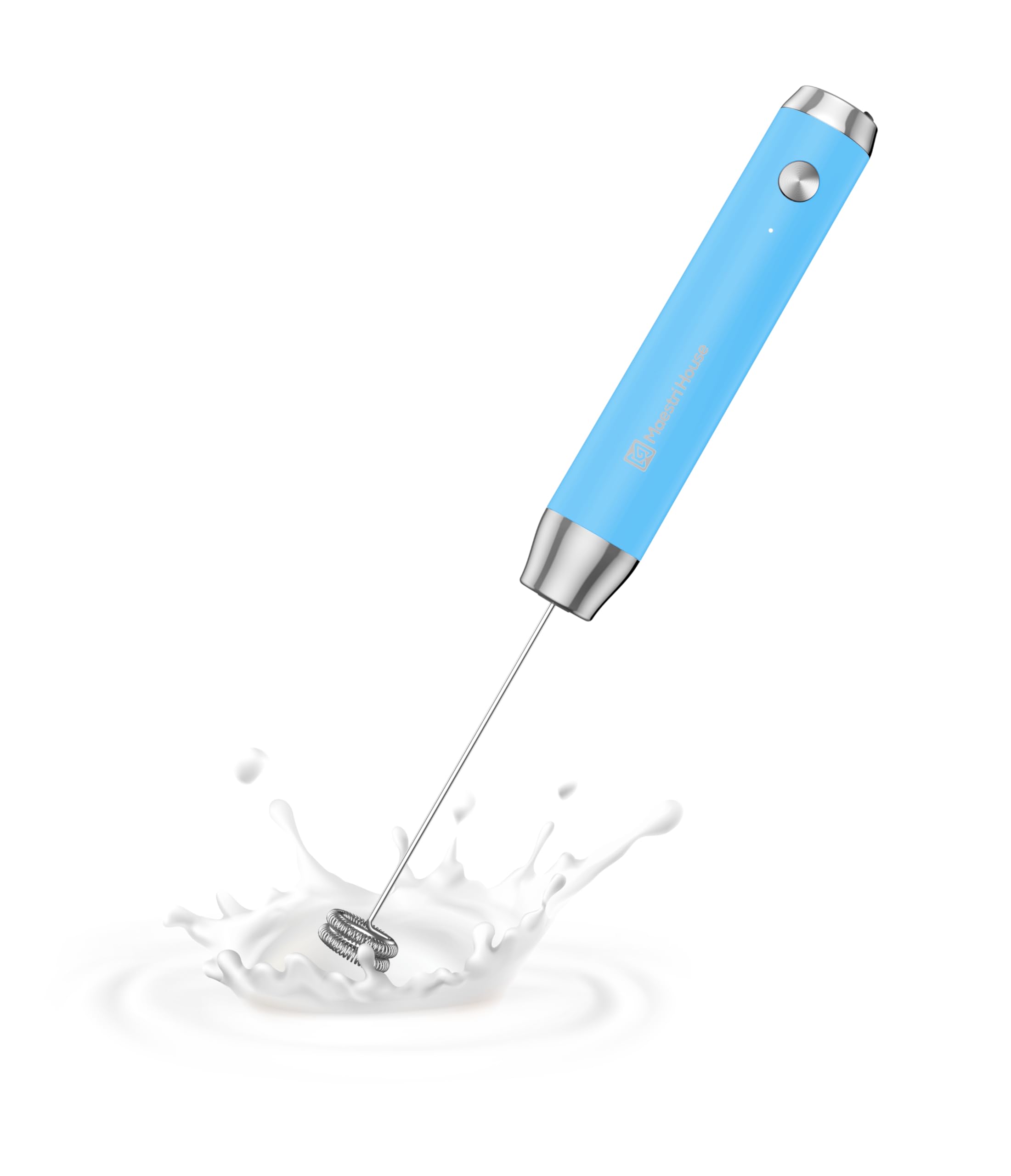 Maestri HouseRechargeable Milk Frother, Handheld Electric Foam Maker Waterproof Detachable Stainless Steel Whisk Drink Mixer Foamer with Stand, 2 Whisks for Lattes, Cappuccino (Lake Blue)