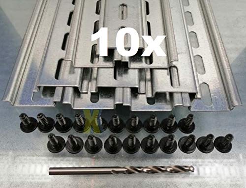 10 Tragschienen Hutschienen 35mm x 7,5mm - Zuschnitt ca. 25cm - 250mm + Metallbohrer mit Befestigungsschrauben Hutschienen Zuschnitte für Schaltschrank oder Klemmenkasten Cover