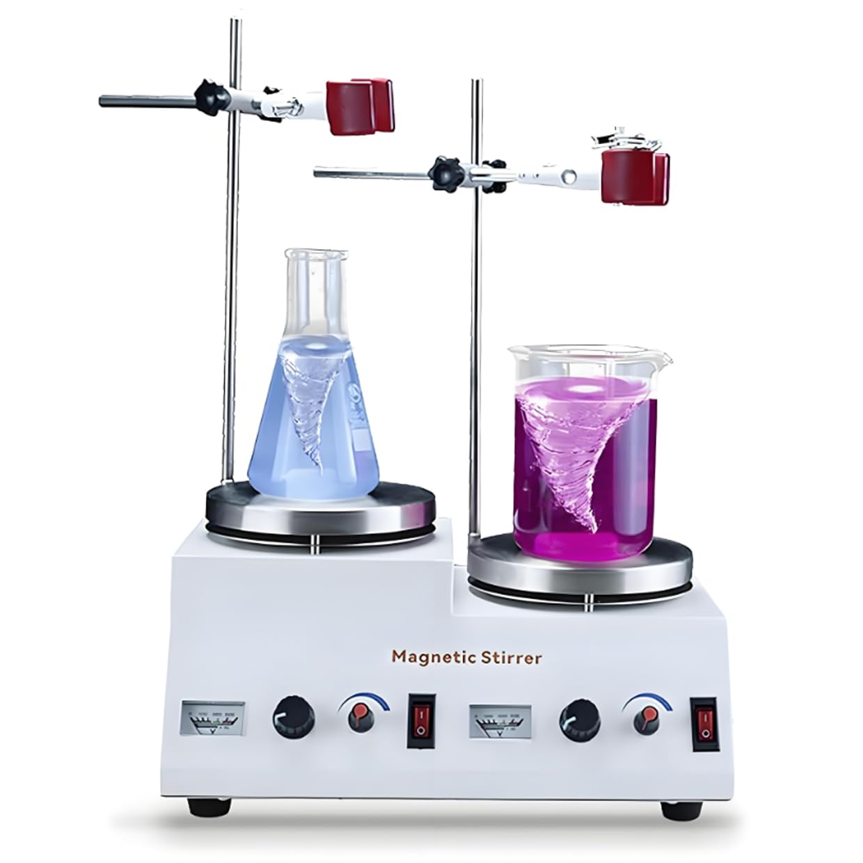 Agitatore magnetico con piastra riscaldante, doppia stazione di riscaldamento, potenza regolabile, in acciaio inox, con clip per fiaschetta, ideale per laboratorio e uso chimico