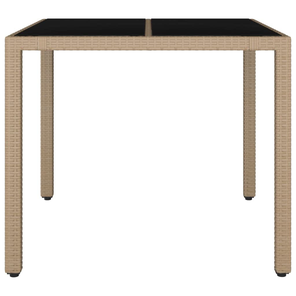 Mesa de jardín con tapa de cristal, mesa de balcón, mesa de exterior, mesa de jardín, mesa de exterior, adecuada para balcón, terraza, bistró, jardín, beige, poliratán y cristal templado