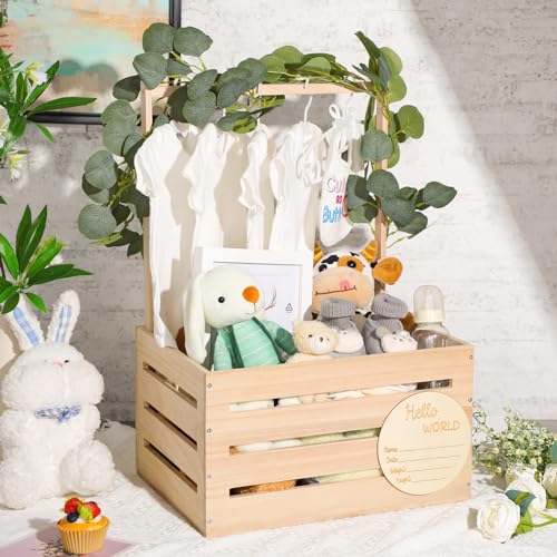 Image of Barydat Wooden Baby Shower Crate Closet Basket with Handle Baby Announcement Sign Garland Hangers Large Letter, Wooden Gift Crate, Letters for Pregnancy New Parent Party(Beige)