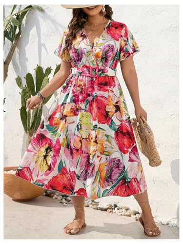 Image of Floerns Women's Plus Size Boho Floral V Neck Short Sleeve A Line Long Dress