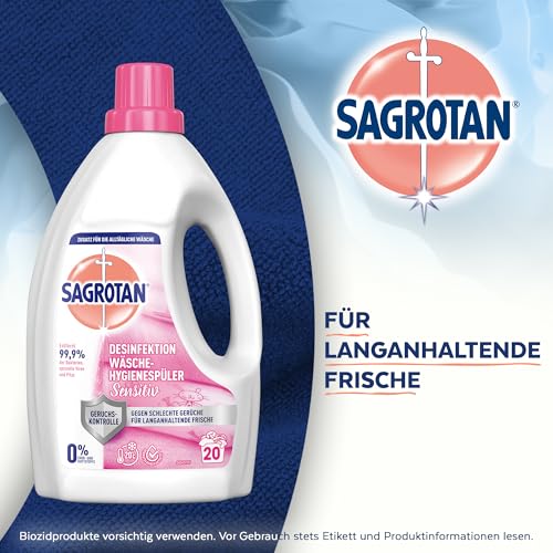Sagrotan Wäsche-Hygienespüler Sensitiv 0% – Desinfektionsspüler für hygienisch saubere und frische, ohne Farb- und Duftstoffe – 4 x 1,5 l Reiniger im praktischen Vorteilspack 4