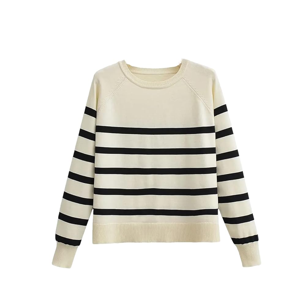 Women Crew Neck Striped Knit Sweater Retro Loose Casual Long