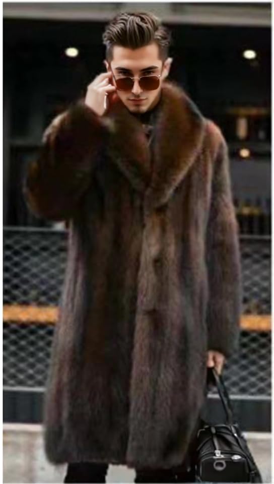 Men's Fashion Brown Shaggy Faux Fur Collar Coat Long Sleeve Long Length Brown Fluffy Coat4