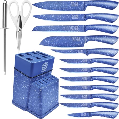 XYJ Kitchen Knives Set with Holder, 4-Piece Blue Stainless Steel Professional Japanese Chef Knife Set, Knife Block Set