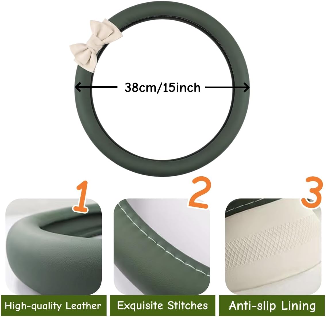 15 Inches Universal Round Car Steering Wheel Cover, Cute Bow Soft Leather Breathable Non-Slip Steering Wheel Protector Wrap for Women (Grey(Pink))
