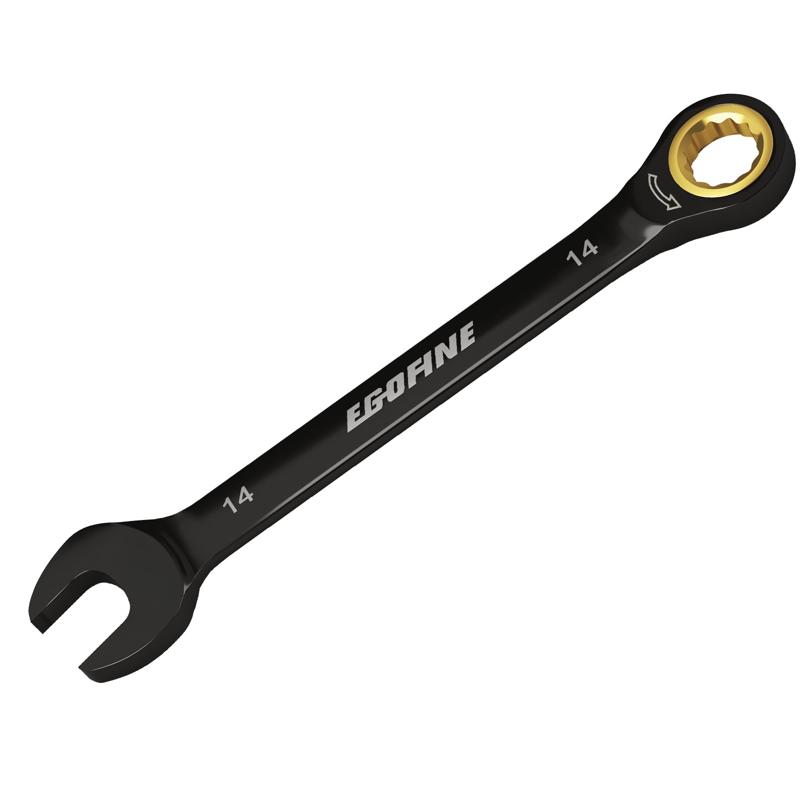 EGOFINE 14mm Spanner, Ratchet Spanner Metric, Industrial Grade Gear Wrench with 12 Point Box End, 72-Teeth Ratchet Black Electrophoretic Coating,CR-V