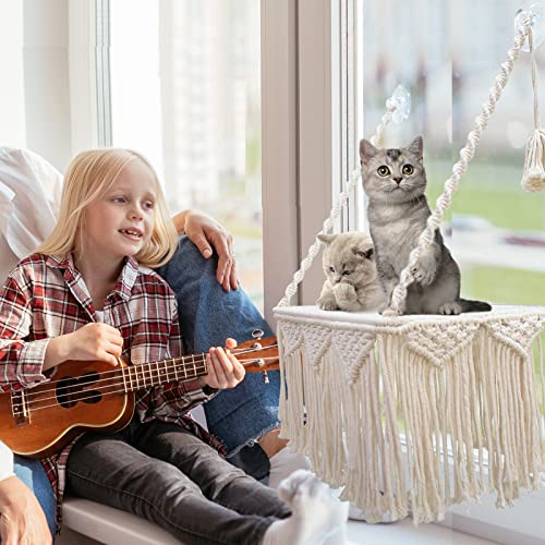 Cat Window Perch Macrame Cat Hammock Boho Wall Mounted Pet Resting Seat Bed For Sunbathing, Napping & Overlooking With 4 Seat Suction Cups & Fleece Blanket & Knitted Ball Toy - Weighted Up To 35Lbs. #TOP5