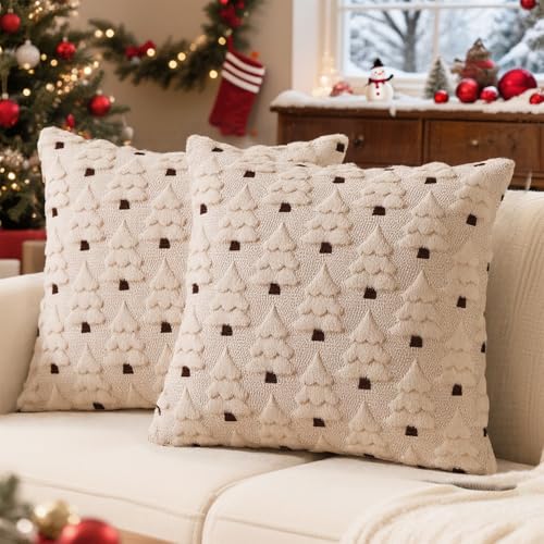 Christmas Throw Pillow Covers with Tree Decoration, 18x18 Faux Fur Wool Throw Pillows Soft Plush Cushion Covers, Set of 2 Xmas Tree Pillowcases for Holiday Winter Home Sofa Couch Bed Porch (Beige)