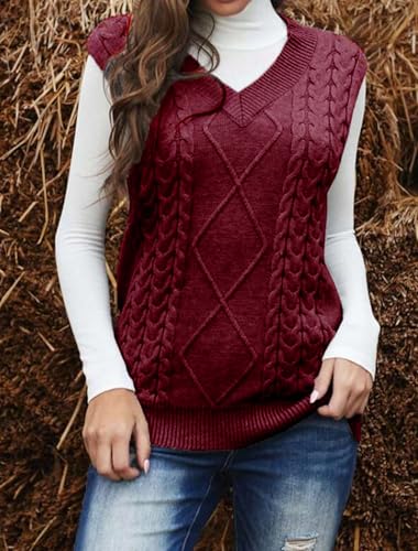 Image of Women's Sweater Vest,Long Cable Loose Knitted Sleeveless V Neck Casual Sweaters Tank Top S~XL