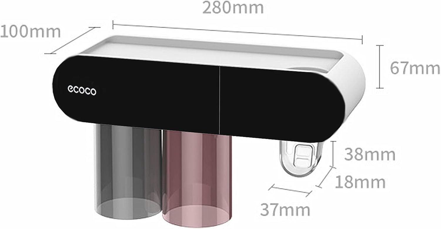 Toothbrush Holders for Bathrooms Wall Mounted, 2 Cups Magnetic Toothbrush Holder Family Kit with Toothpaste Dispenser, Drawer& 6 Brush Slots, Large Capacity Tray (2 Cup Black)