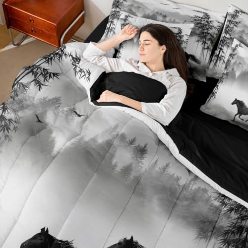 Image of Galloping Horse Full Size Bed Sheets and Comforter Set | Cowboy Farm Animal 7 Piece Bedding Set Smoky Mountain Western Bed in a Bag,Black and White Ink Painting Plant Rainforest Folk Retro Room Decor