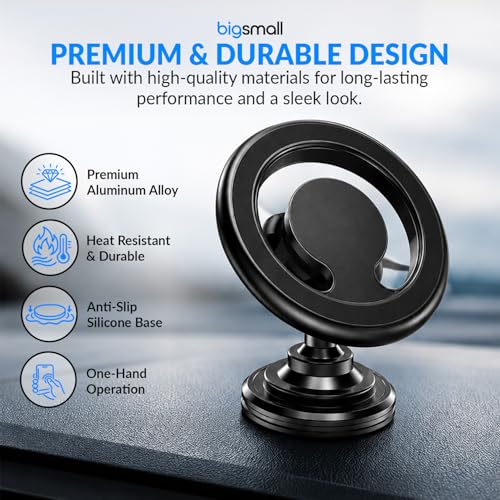 Image of Bigsmall MagSafe Compatible Car Mobile Holder Magnetic Dashboard Phone Mount with 360 Rotation | Strong Magnet Car Phone Stand for iPhone & Smartphones | Black (Pack of 1)