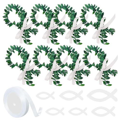 Fish Christening Decoration Made of Rattan, 40 Pieces Communion Decoration, Fish Eucalyptus Table Decoration, Wooden Fish Scatter Decoration, Christening Table Decoration Set with Ribbon for Communion