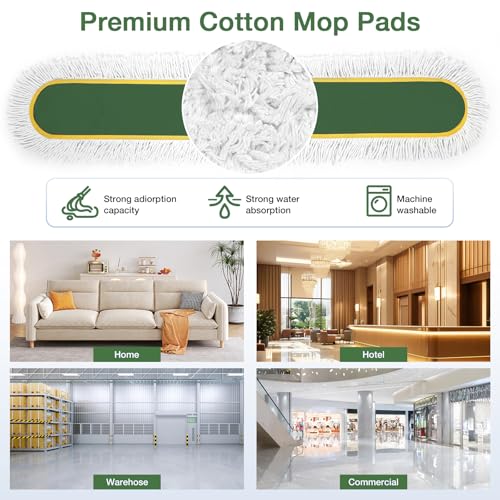 Image of 48 inch Commercial Dust Mop for Floor Cleaning with 2 Cotton Mop Pads | Heavy Duty Wet Dry Broom with 65 inch Metal Handle for Commercial Industrail Office Garage Warehouse Factory Mall /Green