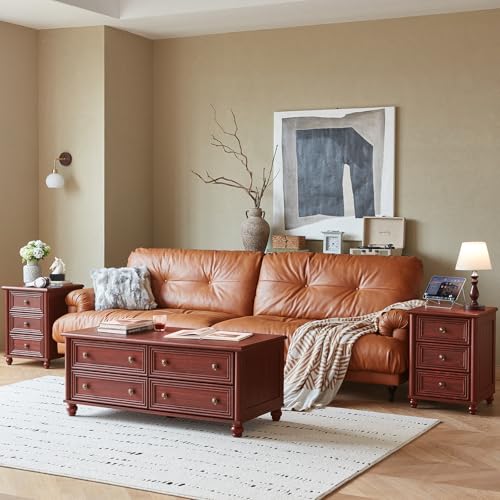 18" Farmhouse Night Stand Set of 2, Red Oak Wood Nightstand with 3 Drawers, Bedside End Table with Storage and Roman Column, Bed Side Tables Cabinet for Bedroom, Living Room, and Closet