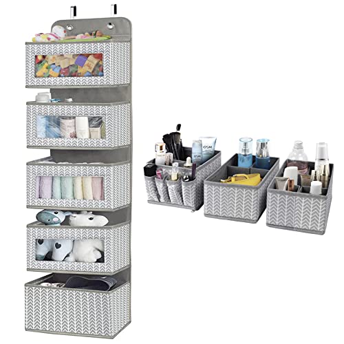 Image of VERONLY Over the Door Hanging Organizer with 5 Large Pockets 1 Pack+ Adjustable Cosmetic Drawer Organizer for Bathroom Storage Set of 3
