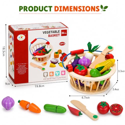 Image of Wooden Magnetic Vegetable Cutting Toys for Kids 3+ Years, Pretend Play Kitchen Food Set with Basket & Wooden Knife, Montessori Learning Toy, Educational Gift for Boys & Girls
