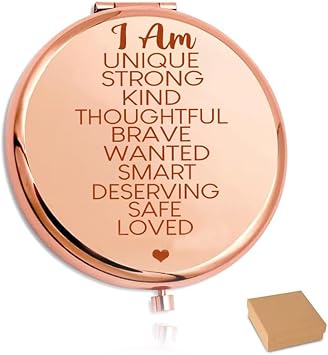 I Am Affirmation Pocket Mirror, Compact Mirror with Inspirational Quotes, Stainless Steel Round Travel Makeup Engraved Hand-Held Folding Mirror, Inspirational Gifts for Women, Girl Rose Gold