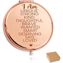 I Am Affirmation Pocket Mirror, Compact Mirror with Inspirational Quotes, Stainless Steel Round Travel Makeup Engraved Hand-Held Folding Mirror, Inspirational Gifts for Women, Girl Rose Gold