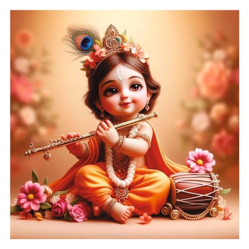 Image of Baby Krishna Flute And Drum Wall Poster for Pooja Room, Office, Kids Room (Size- 46CM X 46CM)
