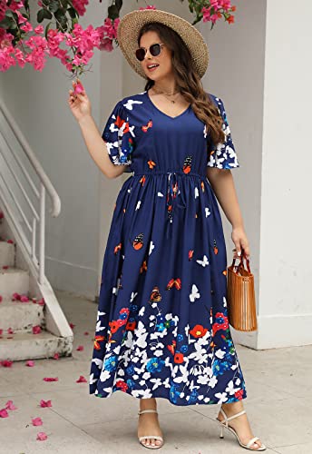 Image of Nemidor Womens Plus Size Maxi Dress Summer Boho Sundress Floral Print Flared Casual Long Dresses with Pocket