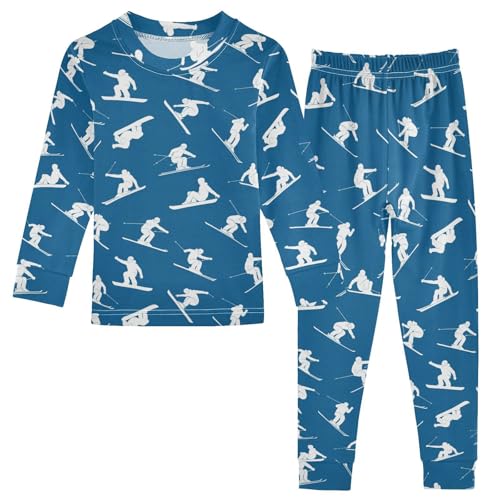 Pajama Sets Long Sleeve Skiing Blue Background Soft Comfy Sleepwear 2 Piece PJS 3-8T