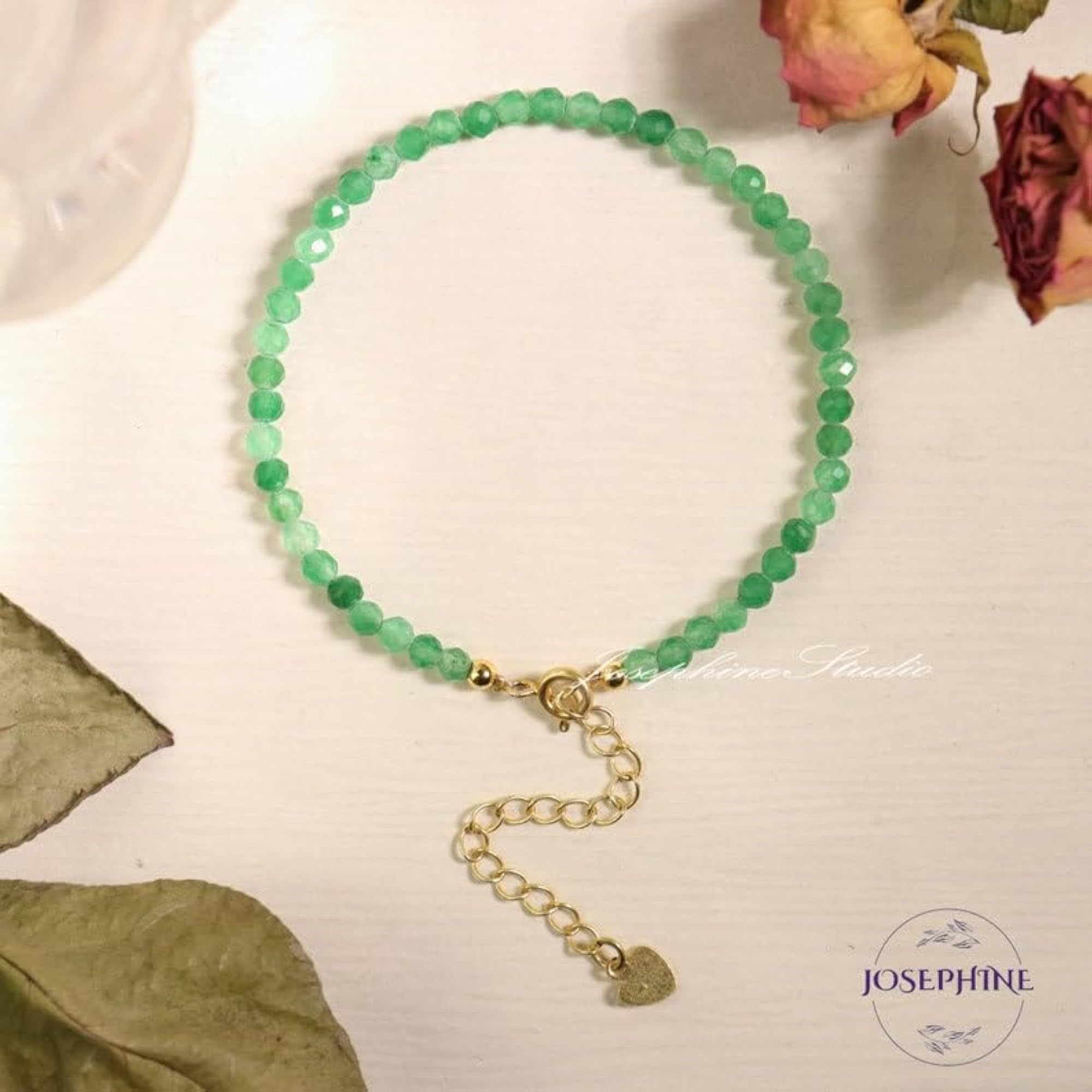 Green Aventurine Round Beaded Bracelet with Gold Lock, Adjustable