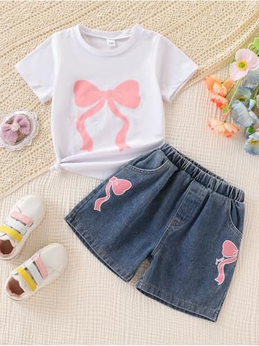 Image of Kids Toddler Girls Summer Clothes Leopard Butterfly Print T-Shirt + Belted Denim Jeans Shorts 3PCS Outfits