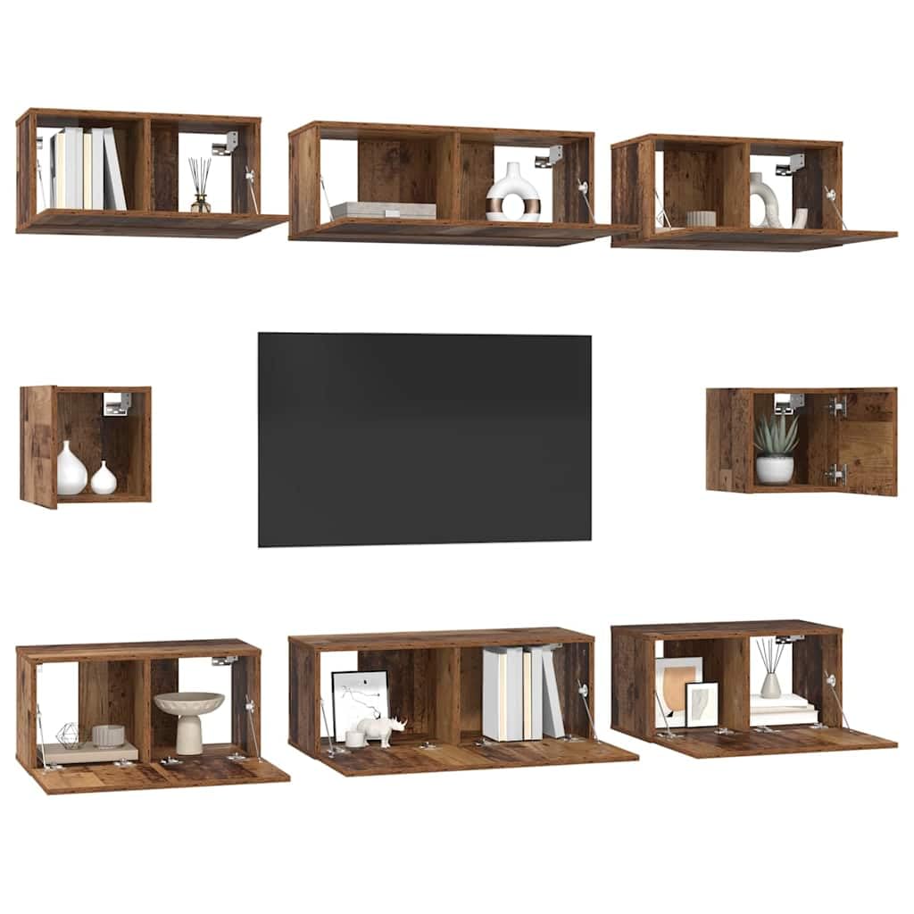 Ensemble meuble TV 8 pièces bois ancien en bois d'ingénierie avec étagères murales, portes, tiroirs, rangement multifonction pour salon séjour chambre, support console audio vidéo suspendu