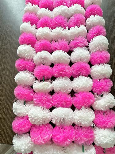 Image of SPHINX Artificial Marigold Fluffy Flowers Garlands for Decoration - Pack of 5 (White and Baby Pink)